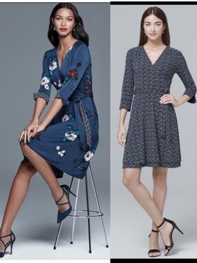 WHBM Reversible Faux Wrap Navy Blue Floral Geo Print Dress Womens Size Small